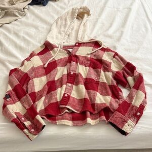 American Eagle Outfitters Red and Cream Plaid Hoodie